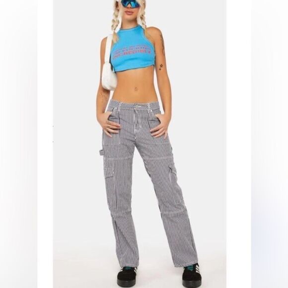 Edikted Stripe Out Wide Leg Cargo Pants Small Navy White Carpenter High Rise S - Picture 1 of 12